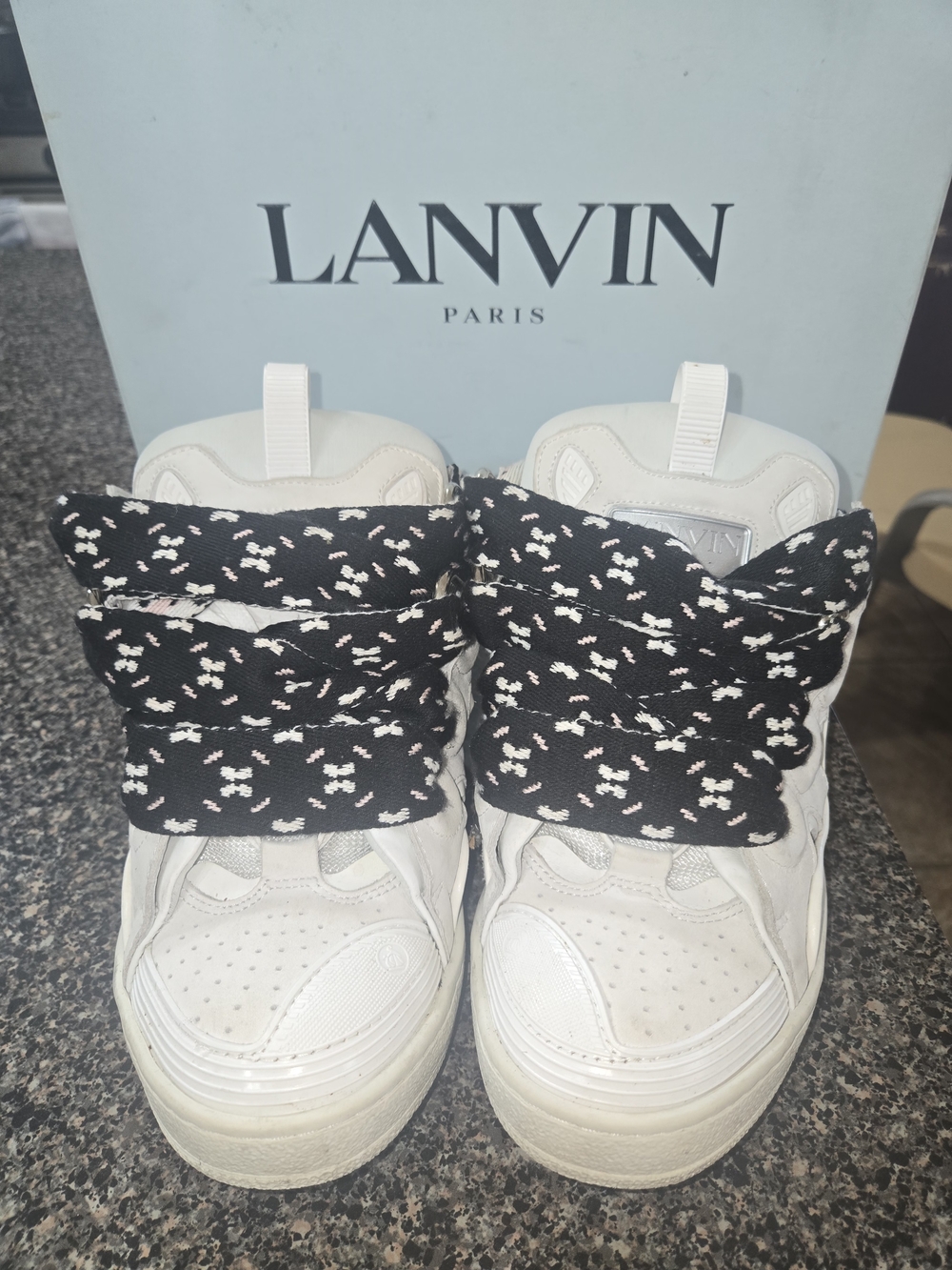 Lanvin White Leather High-Top Sneakers with Black Patterned Laces